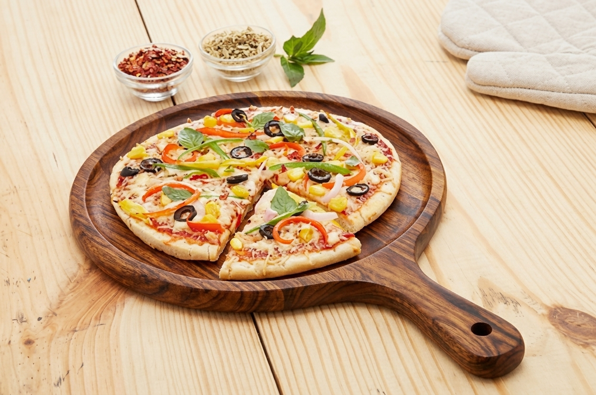 Round Teak Pizza Paddle and Serving Board | Moonlit Supper